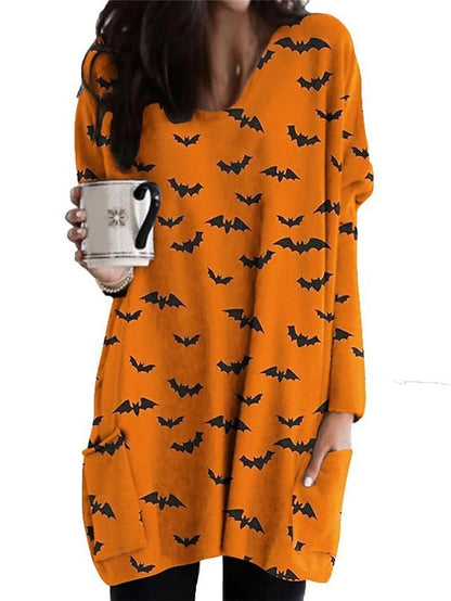 Women‘s Halloween Dress Casual Dress Shift Dress Print Dress Print Pocket Print V Neck Mini Dress Active Fashion Vacation Long Sleeve Loose Fit Light Yellow Black Yellow Fall Winter S M L XL XXL