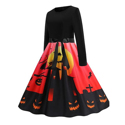 Women‘s Halloween Dress Retro 1950s Vintage Dress Midi Dress Holiday With Belt Bow Graphic Crew Neck Long Sleeve Regular Fit Spring Fall  Pink Red S M L XL