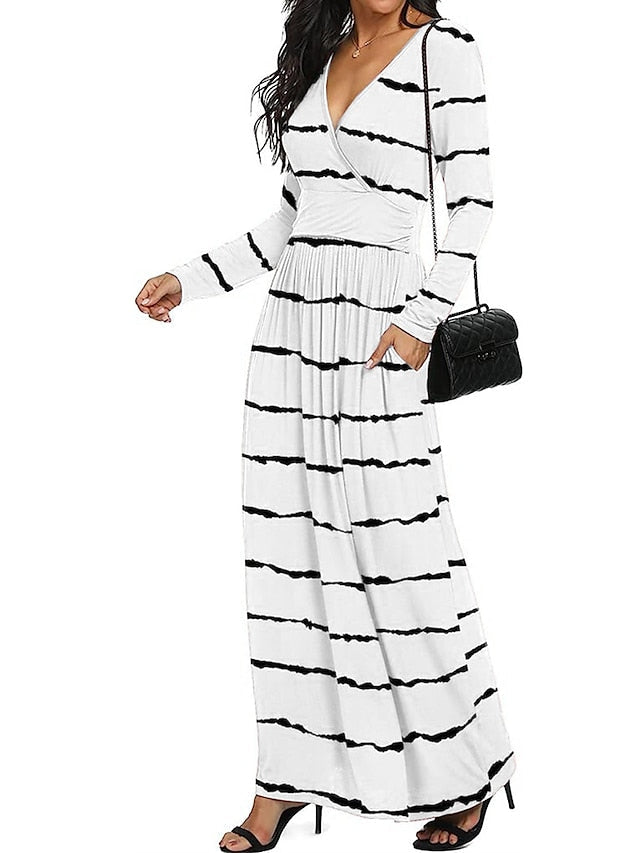 Women's Casual Dress Print Dress Spring Dress Stripe Pocket Print V Neck Mini Dress Fashion Streetwear Outdoor Street Long Sleeve Regular Fit Black White Pink Spring Fall S M L XL XXL