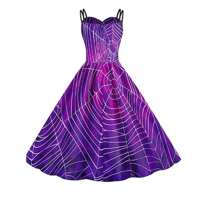 Women‘s Halloween Dress Retro 1950s Vintage Dress Midi Dress Holiday Backless Print Pumpkin Spaghetti Strap Sleeveless Regular Fit Spring Fall  Deep Purple Purple S M L XL