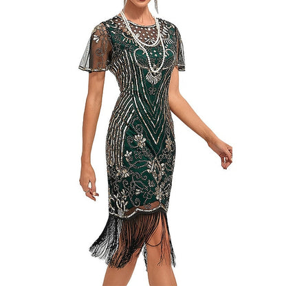 Women's Retro 1920s Fringe Dress Midi Dress Party Holiday Sequins Tassel Fringe Floral Crewneck Short Sleeve Regular Fit Spring Fall  Silver Black S M L XL