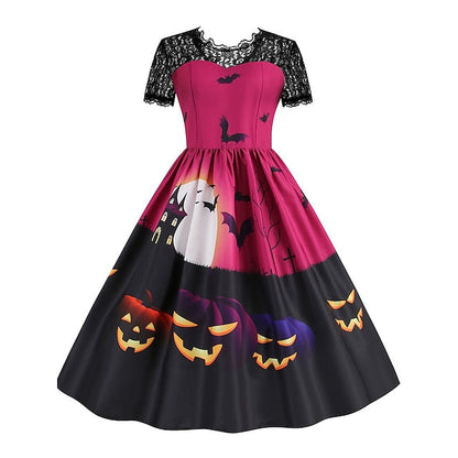 Women‘s Halloween Dress Retro 1950s Vintage Dress Midi Dress Holiday Lace Patchwork Graphic V Neck Short Sleeve Regular Fit Spring Fall  Black Blue S M L XL