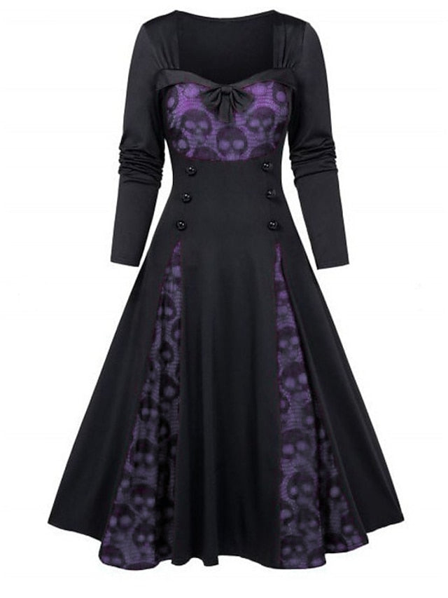 Women‘s Halloween Dress Vintage Dress Gothic Dress Midi Dress Green Blue Purple Wine Red White Black Long Sleeve Skull Pumpkin Print Patchwork Button Winter Fall Boat Neck Party Fall Dress