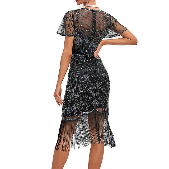 Women's Retro 1920s Fringe Dress Midi Dress Party Holiday Sequins Tassel Fringe Floral Crewneck Short Sleeve Regular Fit Spring Fall  Silver Black S M L XL