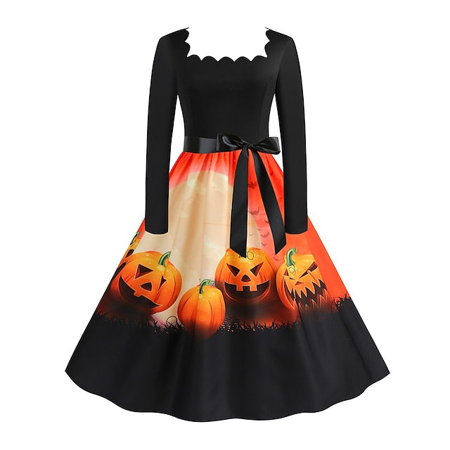 Women‘s Halloween Dress Retro 1950s Vintage Dress Midi Dress Holiday With Belt Bow Pumpkin Square Neck Long Sleeve Regular Fit Spring Fall  Black Yellow S M L XL