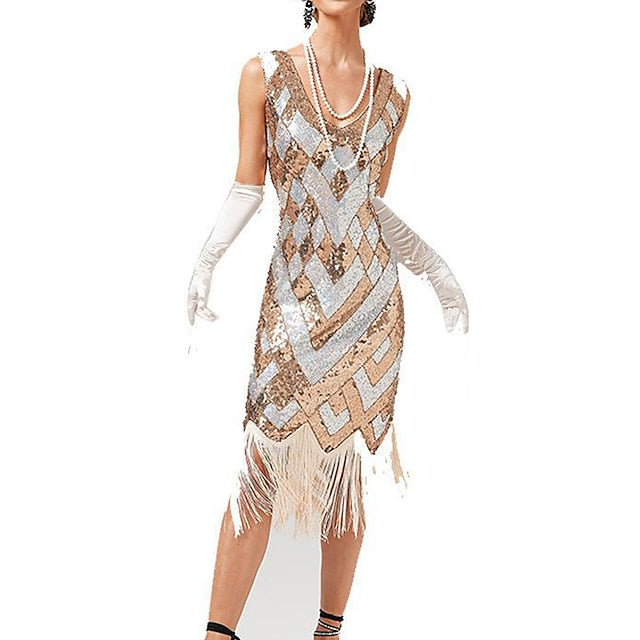 Women's Retro 1920s Fringe Dress Midi Dress Party Holiday Sequins Tassel Fringe Geometric V Neck Sleeveless Regular Fit Spring Fall  Silver Black XS S M L