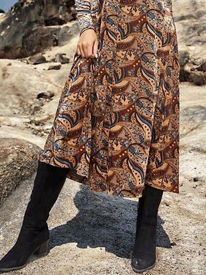 Women's Casual Dress Velvet Dress Winter Dress Floral Print V Neck Midi Dress Vintage Ethnic Outdoor Date Long Sleeve Loose Fit Brown Spring Fall S M L XL XXL