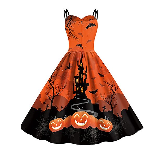 Women‘s Halloween Dress Retro 1950s Vintage Dress Midi Dress Holiday Backless Print Pumpkin Spaghetti Strap Sleeveless Regular Fit Spring Fall  Deep Purple Purple S M L XL