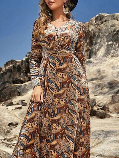 Women's Casual Dress Velvet Dress Winter Dress Floral Print V Neck Midi Dress Vintage Ethnic Outdoor Date Long Sleeve Loose Fit Brown Spring Fall S M L XL XXL