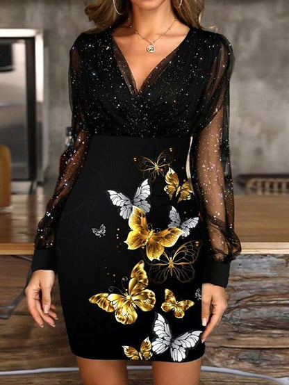 Women's Casual Dress Sheath Dress Print Dress Floral Butterfly Mesh Patchwork V Neck Mesh Sleeve Mini Dress Active Fashion Outdoor Street Long Sleeve Regular Fit Silver Yellow Purple Fall Winter S M