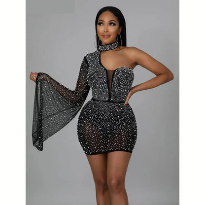 One Shoulder Party Dress Rhinestones Bling Irregular Skinny Zipper Flare Sleeve Bodycon Elegant