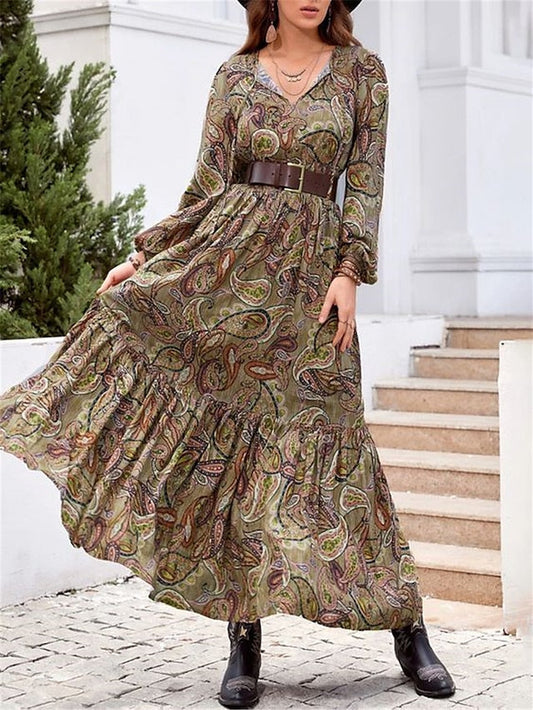 Women's Casual Dress Ethnic Dress Swing Dress Floral Paisley Ruffle Patchwork Split Neck Long Dress Maxi Dress Vintage Ethnic Outdoor Date Long Sleeve Loose Fit Green Spring Fall S M L XL XXL