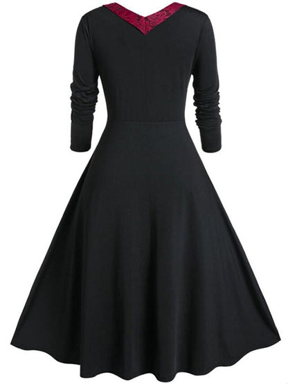 Women‘s Halloween Dress A Line Dress Midi Dress Red Purple Green Long Sleeve Color Block Lace Fall Winter Autumn V Neck Vintage Winter Dress Fall Dress  L XL XXL 4XL 5XL