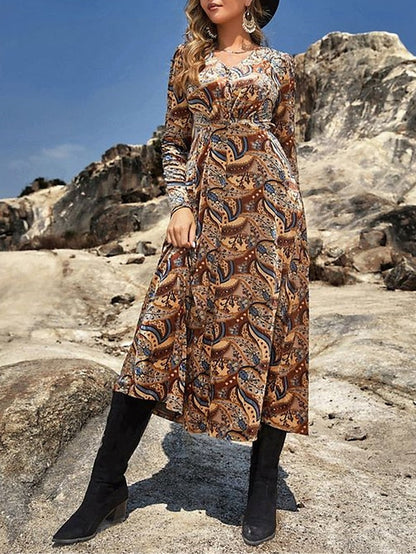 Women's Casual Dress Velvet Dress Winter Dress Floral Print V Neck Midi Dress Vintage Ethnic Outdoor Date Long Sleeve Loose Fit Brown Spring Fall S M L XL XXL