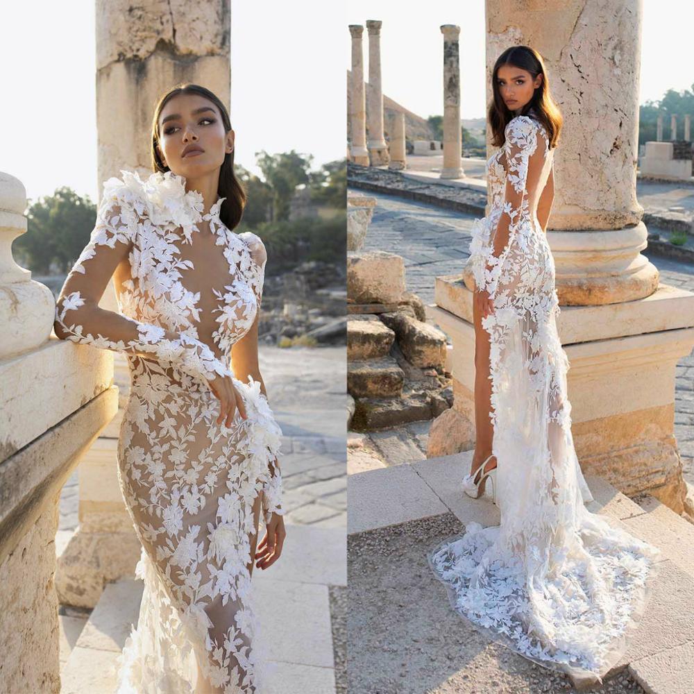 vmtvr Beautifully Elaborated Sheer Long Sleeves And High Collar Illusion Lace Applique Wedding Dress With High Side Slit