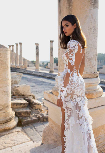 vmtvr Beautifully Elaborated Sheer Long Sleeves And High Collar Illusion Lace Applique Wedding Dress With High Side Slit