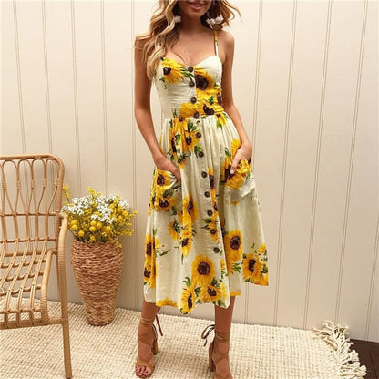 vmtvr Boho Sexy Floral Dress Summer Vintage Casual Sundress Female Beach Dress Midi Button Backless Polka Dot Striped Women Dress