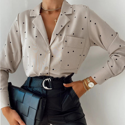 -Pocket Long Sleeve Turn Down Collar Women Blouse Office Lady Polka Dot Cotton Casual Shirts  New Spring