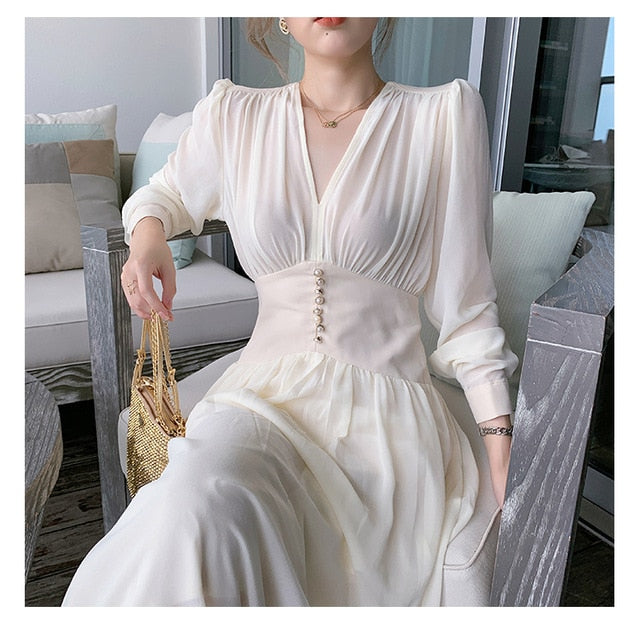 vmtvr - Elegant Dress Women Solid Long Sleeve Fairy Party Dress Office Lady Sexy V-Neck Loose Midi Dress Spring Clothing Female