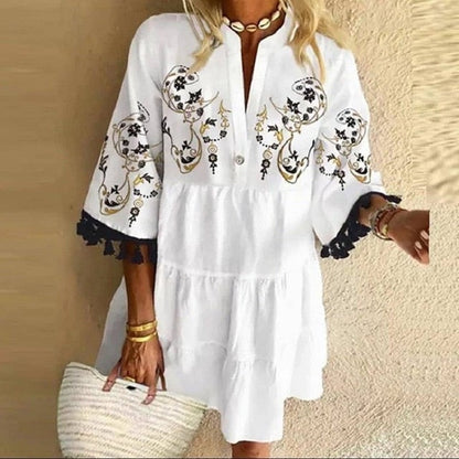 Plus Size 5XL Floral Print Boho Dress Women Tassle Sleeved White Mini A-Lline Dress Autumn New Sweet Bohemian Loose Dresses