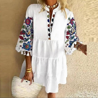 Plus Size 5XL Floral Print Boho Dress Women Tassle Sleeved White Mini A-Lline Dress Autumn New Sweet Bohemian Loose Dresses