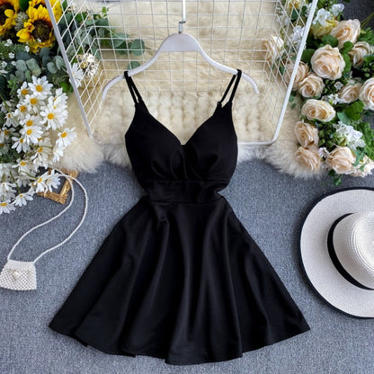 Women A-line Sexy Dress V-Neck Spaghetti Strap Backless Mini Dresses Soild Color Vestidos Slim Trend High Waist For Party