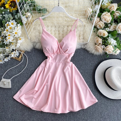 Women A-line Sexy Dress V-Neck Spaghetti Strap Backless Mini Dresses Soild Color Vestidos Slim Trend High Waist For Party