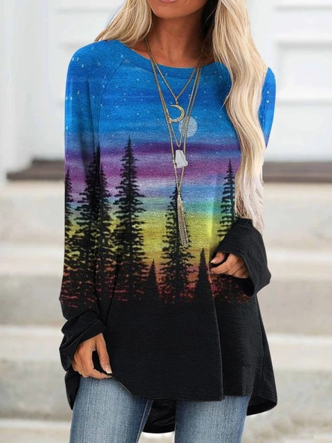 -Fall Outfits Long Sleeve Top  Women Mountain Treetop Print Long Sleeve T-Shirt Women Fashion Sweatshirts &Amp; Tops  Casual Round Neck Loose Cotton Pullover