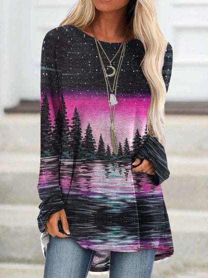 -Fall Outfits Long Sleeve Top  Women Mountain Treetop Print Long Sleeve T-Shirt Women Fashion Sweatshirts &Amp; Tops  Casual Round Neck Loose Cotton Pullover