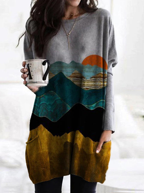 -Fall Outfits Long Sleeve Top  Women Mountain Treetop Print Long Sleeve T-Shirt Women Fashion Sweatshirts &Amp; Tops  Casual Round Neck Loose Cotton Pullover