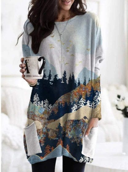 -Fall Outfits Long Sleeve Top  Women Mountain Treetop Print Long Sleeve T-Shirt Women Fashion Sweatshirts &Amp; Tops  Casual Round Neck Loose Cotton Pullover