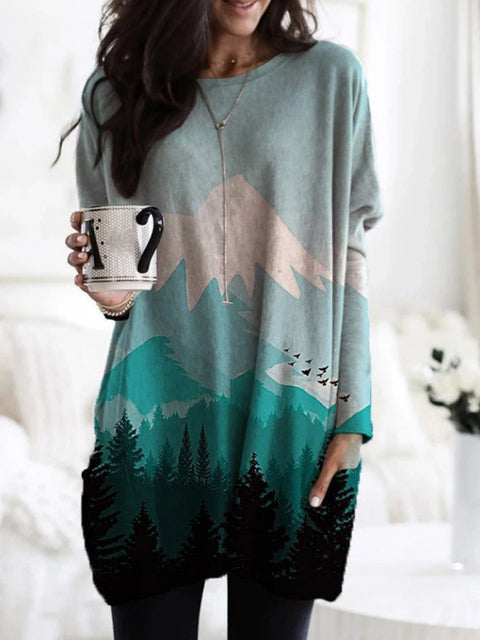 -Fall Outfits Long Sleeve Top  Women Mountain Treetop Print Long Sleeve T-Shirt Women Fashion Sweatshirts &Amp; Tops  Casual Round Neck Loose Cotton Pullover