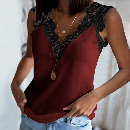 Lace  V-Neck Solid Women Vest Top Strap Tank Tops Casual Sleeveless Shirts Blouse Camisetas Tirantes Mujer Women Outfit