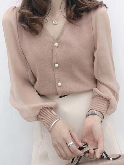 -Fall Outfits Long Sleeve Top  Plus Size Women Spring Autumn Style Chiffon Blouses Shirt Women Knitted Button Long Sleeve Solid Color Lace Patchwork Tops