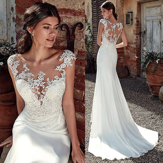 vmtvr The Sales Rack-Modest Soft Satin Bateau Neckline Mermaid Bridal Dress With Lace Appliques And Sheer Illusion Back