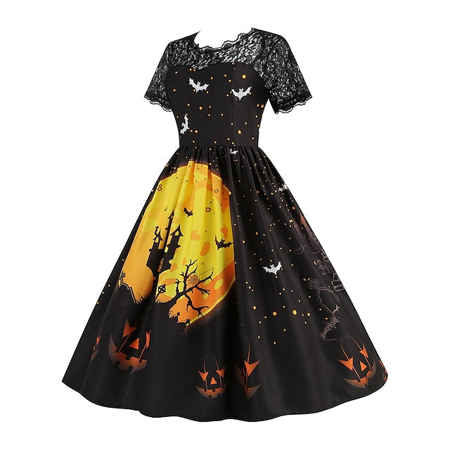 Women‘s Halloween Dress Retro 1950s Vintage Dress Midi Dress Holiday Lace Patchwork Graphic V Neck Short Sleeve Regular Fit Spring Fall  Black Blue S M L XL