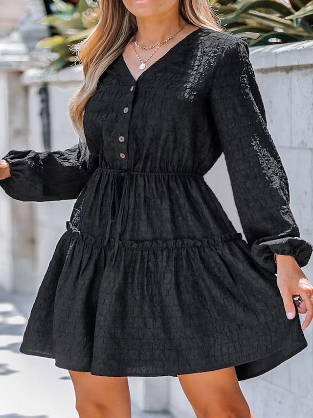 Women's Casual Dress Black Dress Plain Dress Mini Dress Ruched Button Street Daily Holiday Active Fashion V Neck Long Sleeve 2023 Regular Fit Black Color S M L XL Size