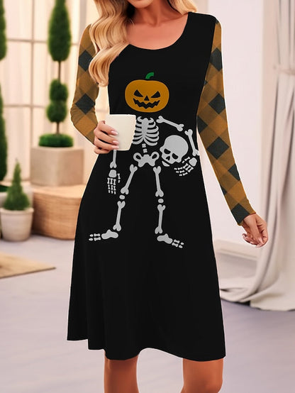 Women‘s Halloween Dress T Shirt Dress Casual Dress Winter Dress Plaid Skull Print Crew Neck Midi Dress Vintage Halloween Holiday Long Sleeve Loose Fit Black Yellow Orange Spring Fall S M L XL XXL