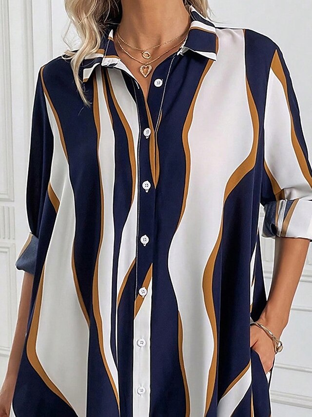 Women's Casual Dress Shift Dress Print Dress Stripe Button Pocket Shirt Collar Midi Dress Active Fashion Outdoor Street Half Sleeve Loose Fit Blue Fall Winter S M L XL XXL