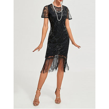 Women's Retro 1920s Fringe Dress Midi Dress Party Holiday Sequins Tassel Fringe Floral Crewneck Short Sleeve Regular Fit Spring Fall  Silver Black S M L XL