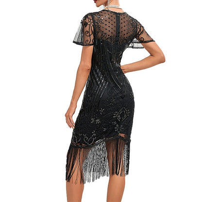 Women's Retro 1920s Fringe Dress Midi Dress Party Holiday Sequins Tassel Fringe Floral Crewneck Short Sleeve Regular Fit Spring Fall  Silver Black S M L XL