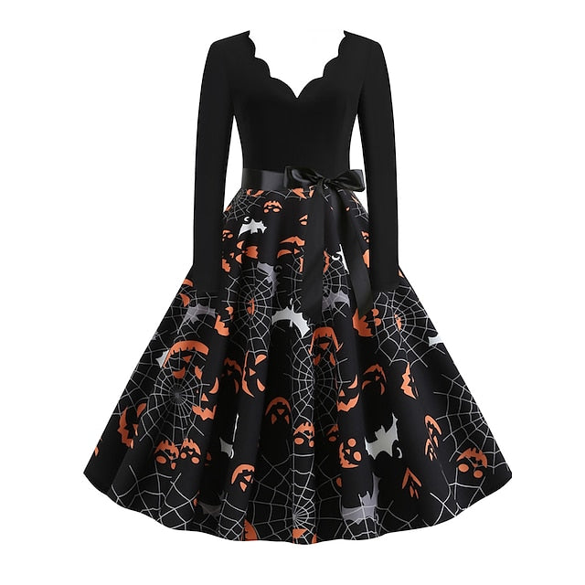 Women‘s Halloween Dress Retro 1950s Vintage Dress Midi Dress Holiday With Belt Bow Pumpkin V Neck 3/4 Length Sleeve Regular Fit Spring Fall  Black S M L XL