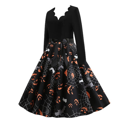 Women‘s Halloween Dress Retro 1950s Vintage Dress Midi Dress Holiday With Belt Bow Pumpkin V Neck 3/4 Length Sleeve Regular Fit Spring Fall  Black S M L XL