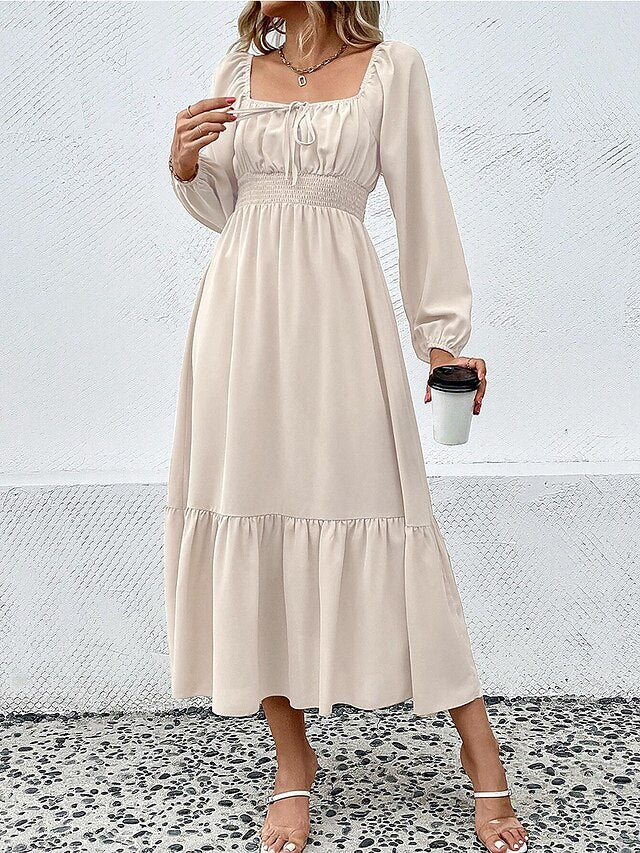 Women's Casual Dress Plain Dress Spring Dress Long Dress Maxi Dress Ruched Drawstring Street Daily Holiday Active Fashion Square Neck Long Sleeve  Regular Fit Apricot Color S M L XL Size