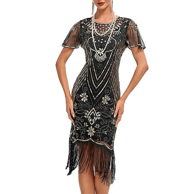 Women's Retro 1920s Fringe Dress Midi Dress Party Holiday Sequins Tassel Fringe Floral Crewneck Short Sleeve Regular Fit Spring Fall  Silver Black S M L XL