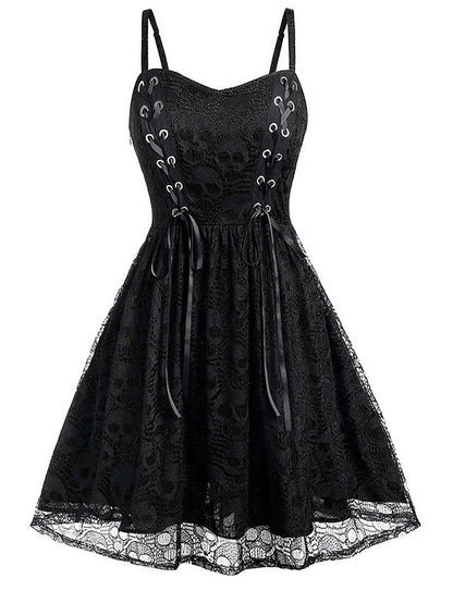 Women‘s Halloween Dress Vintage Retro Vintage Dress Midi Dress Outdoor Lace Drawstring Skull Spaghetti Strap Sleeveless Regular Fit Summer Spring  Black Grey Black and Blue S M L XL