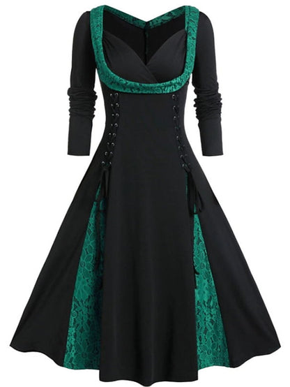 Women‘s Halloween Dress A Line Dress Midi Dress Red Purple Green Long Sleeve Color Block Lace Fall Winter Autumn V Neck Vintage Winter Dress Fall Dress  L XL XXL 4XL 5XL