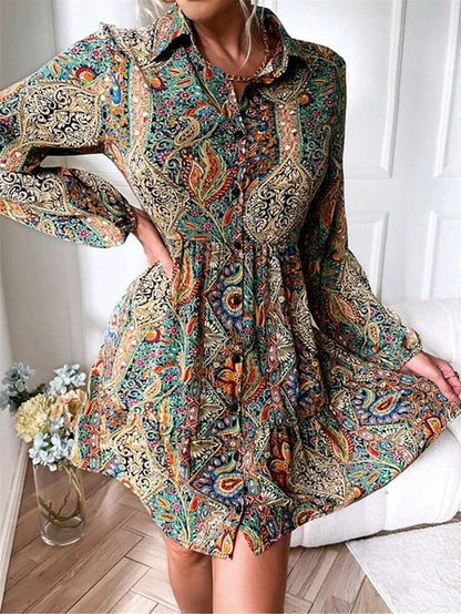 Women's Casual Dress Ethnic Dress A Line Dress Floral Paisley Button Print Shirt Collar Mini Dress Vintage Ethnic Outdoor Date Long Sleeve Loose Fit Blue Spring Fall S M L XL XXL