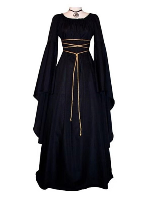 Women‘s Halloween Dress Swing Dress Black Dress Maxi long Dress Black White Wine Long Sleeve Pure Color Lace up Fall Winter Autumn Round Neck Stylish Winter Dress Fall Dress