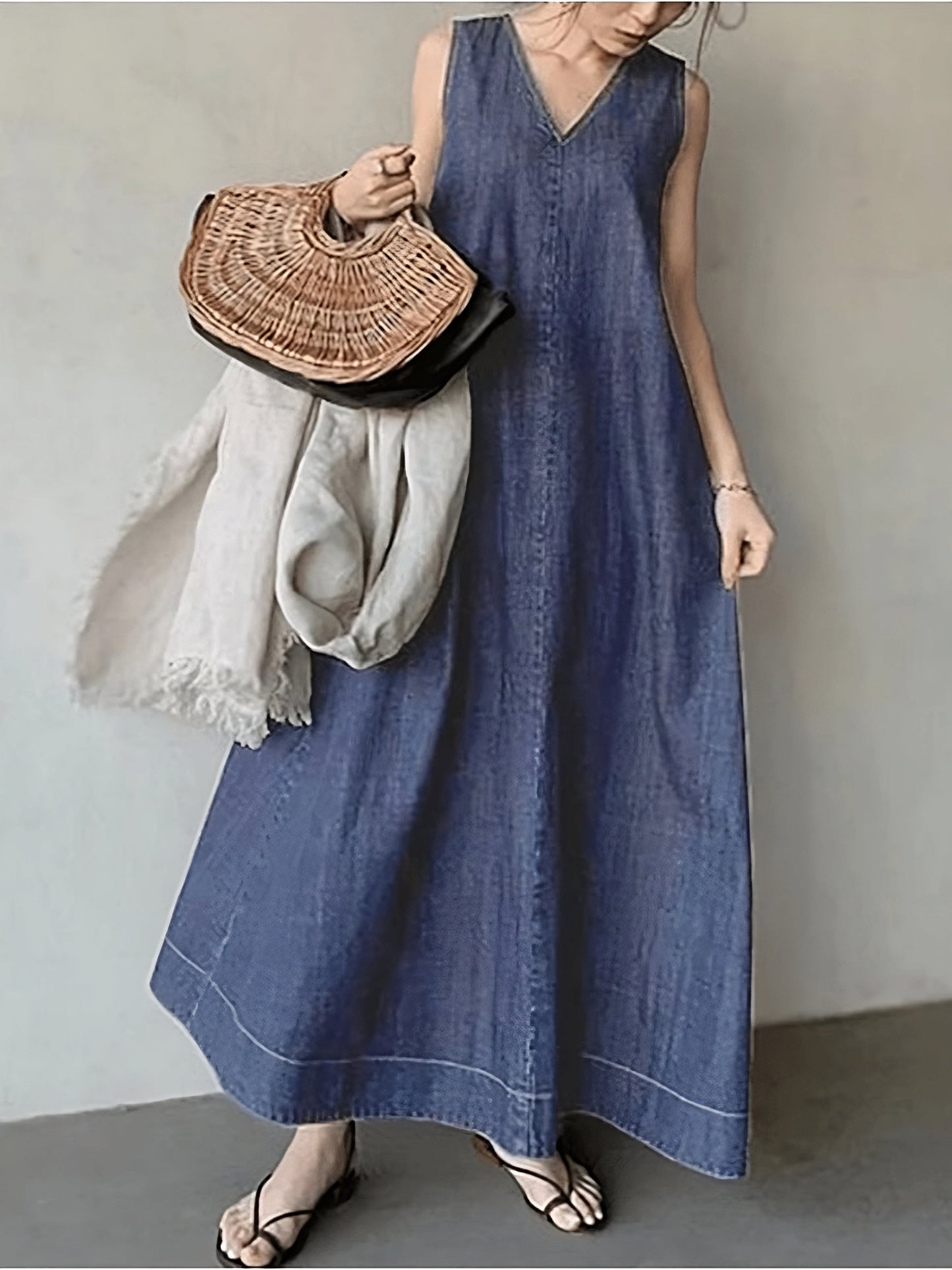 vmtvr - Literary Denim Tie Back V-Neck Long Dress